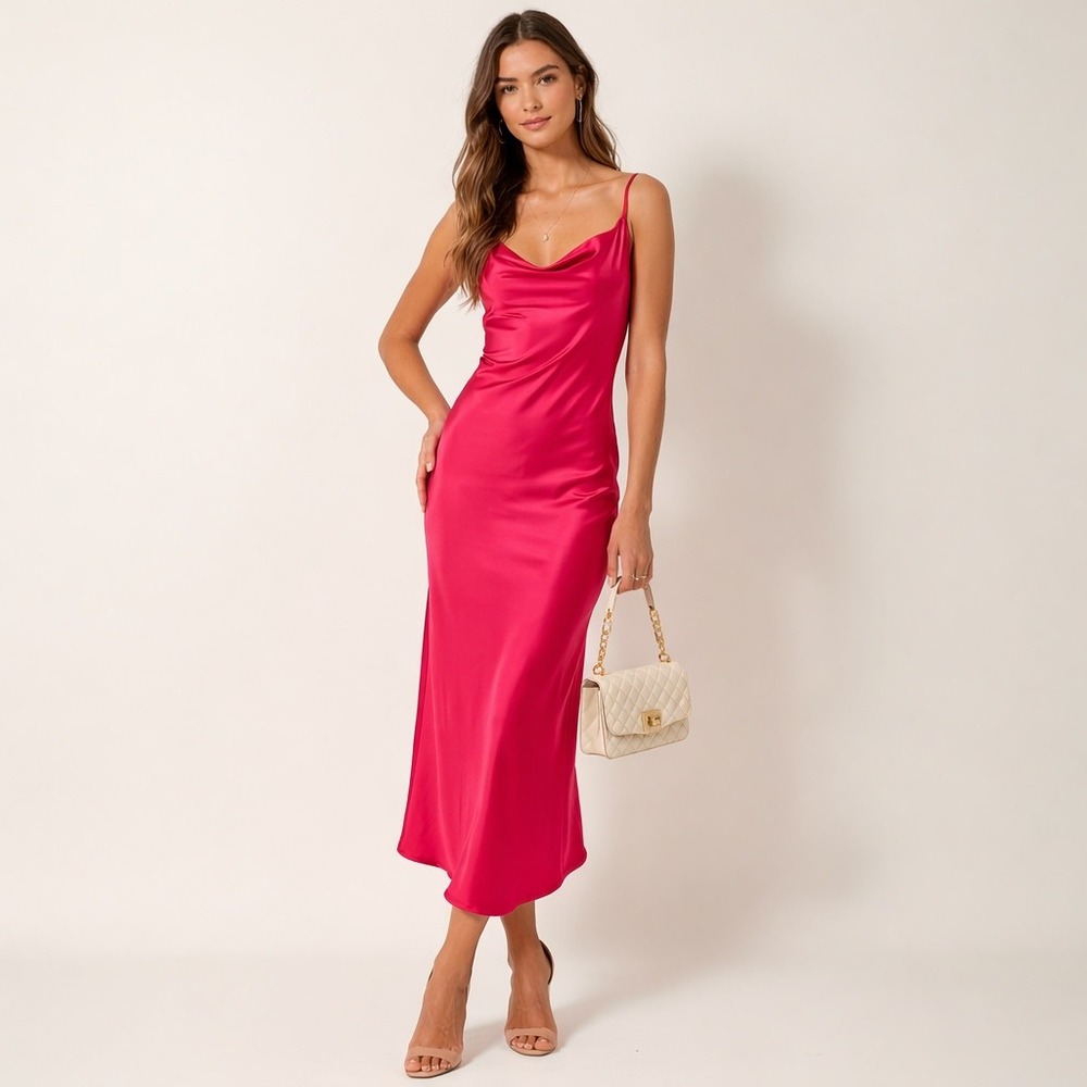 Pink Lily‎ Fuchsia Satin Cowl Neck Midi Slip Dress  Womens XS Hot Pink cocktail